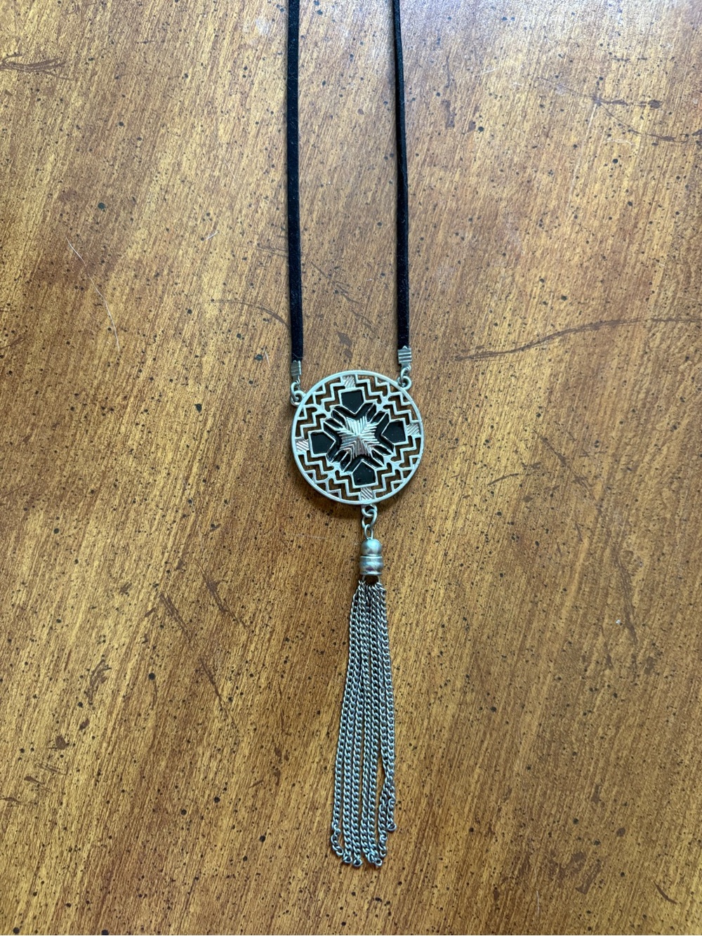Boho Style Geometric Medallion Tassel Necklace - Black Cord